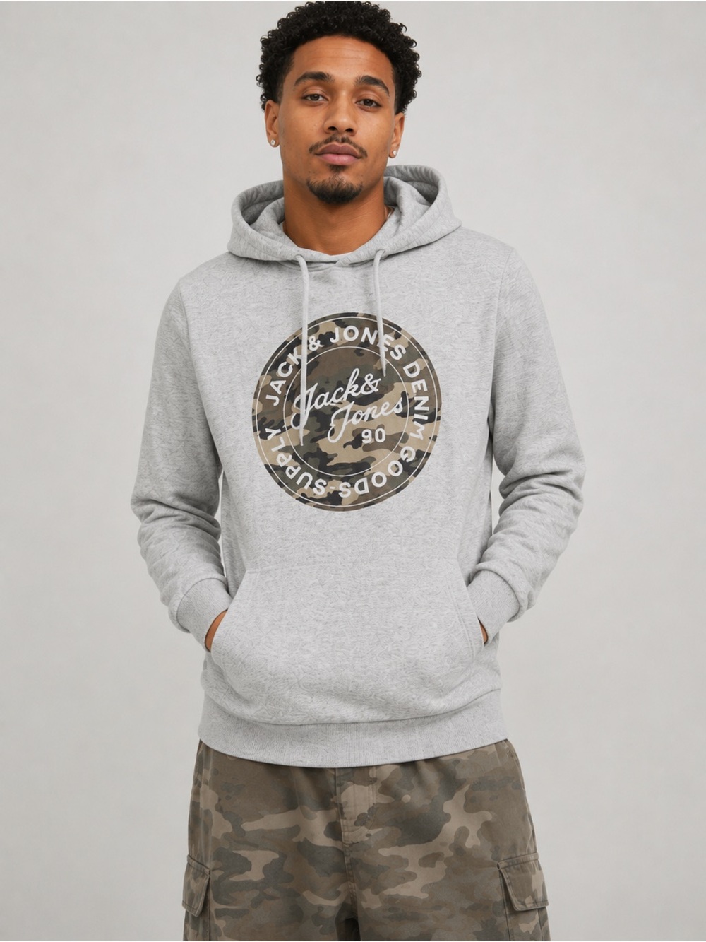 Jack & Jones Light Grey Hoodie with Camo Logo Patch Casual Streetwear Sz Medium